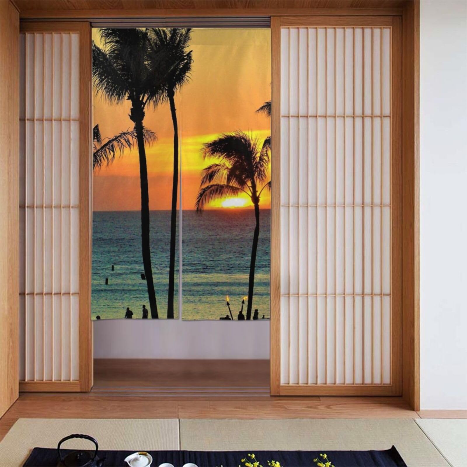 Amazon｜ハワイ 夕暮れ 海とヤシの木 のれん 間仕切り 遮光 暖簾